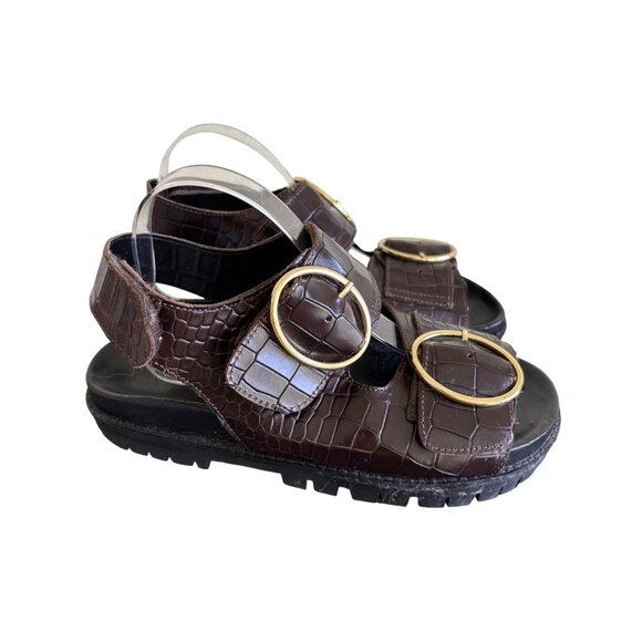ASRA Womens Brown Croc-Embossed Chunky Sandals With Gold Buckles - Picture 6 of 15
